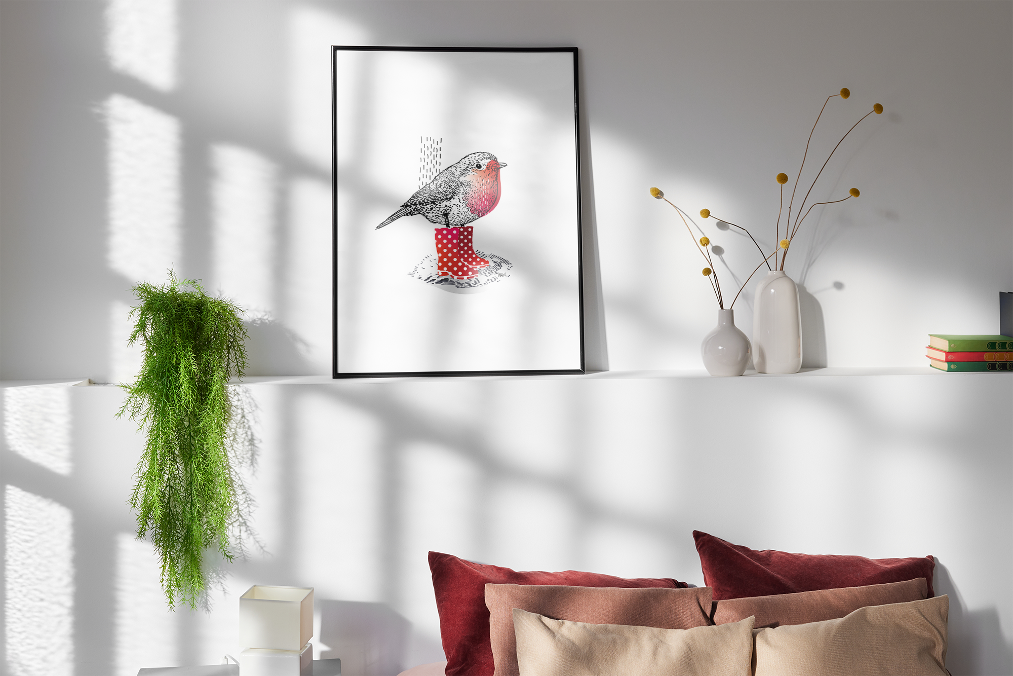 Affiche oiseau en botte en situation dans une chambre