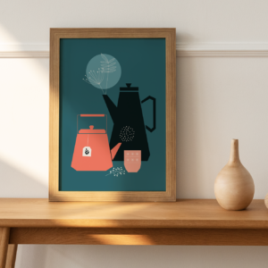 Affiche théière en situation sur un banc en bois