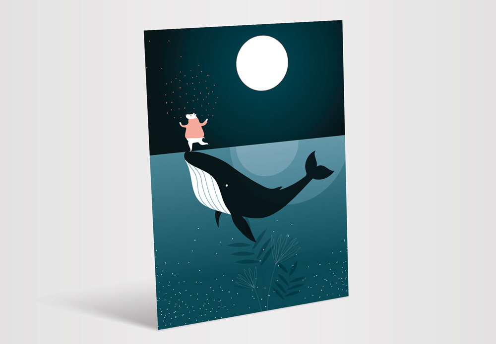 Carte postale baleine et ours sous la lune