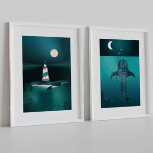 DuoAfficheNarval-RequinBaleine Duo d'affiches narval et requin-baleine encadrées