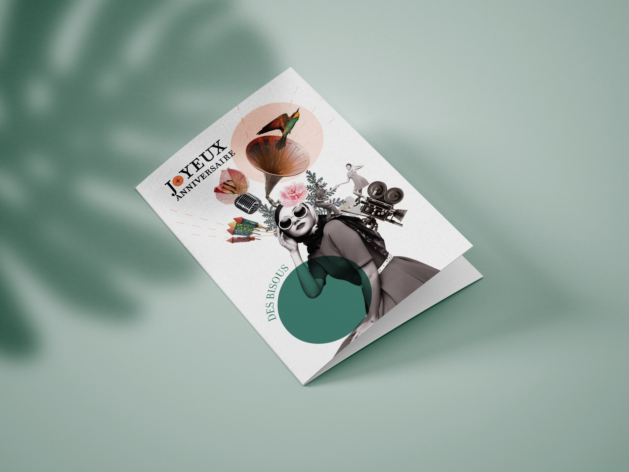 Carte double anniversaire, collage femme vintage