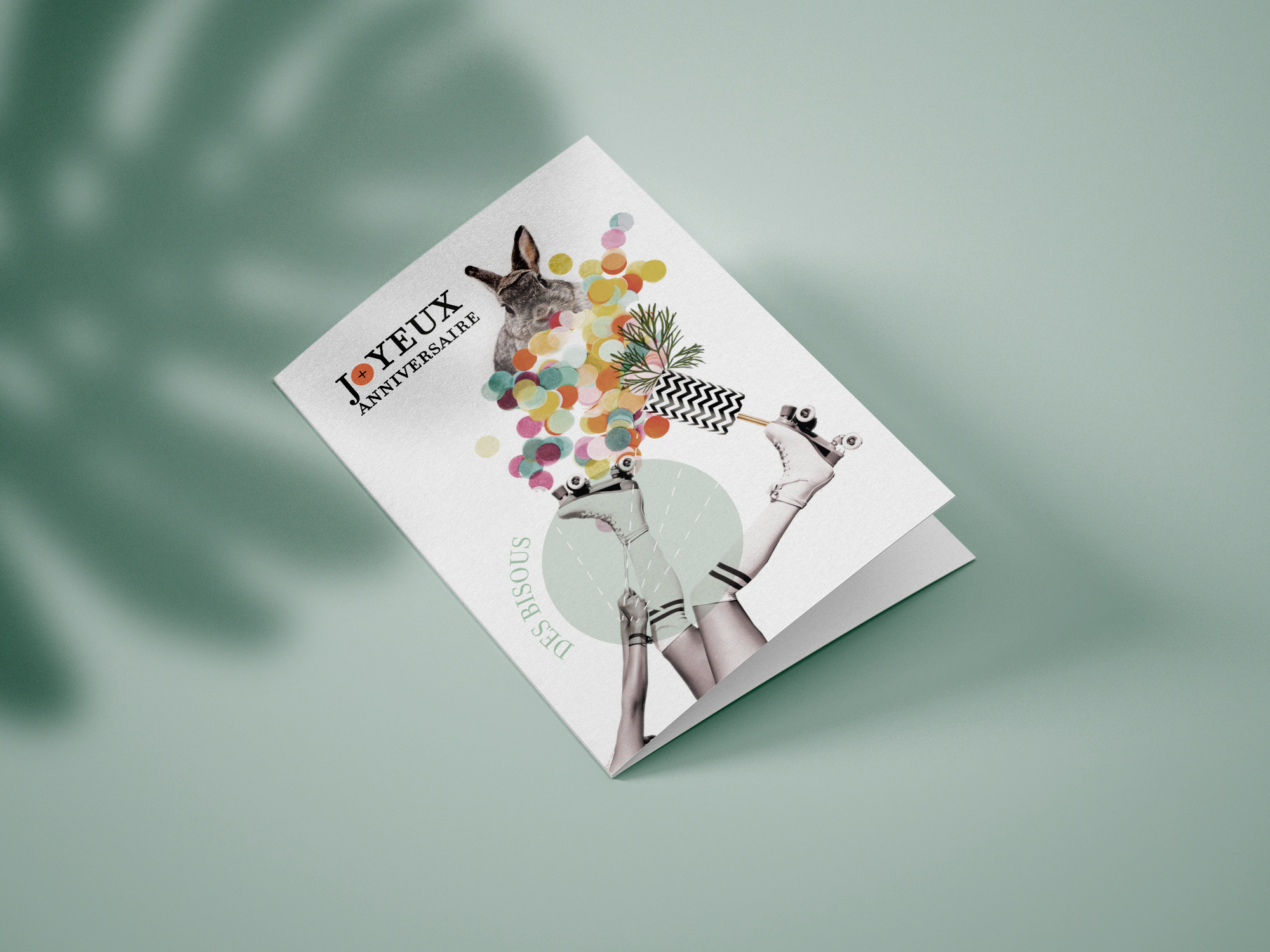 Carte double anniversaire, lapin en roller